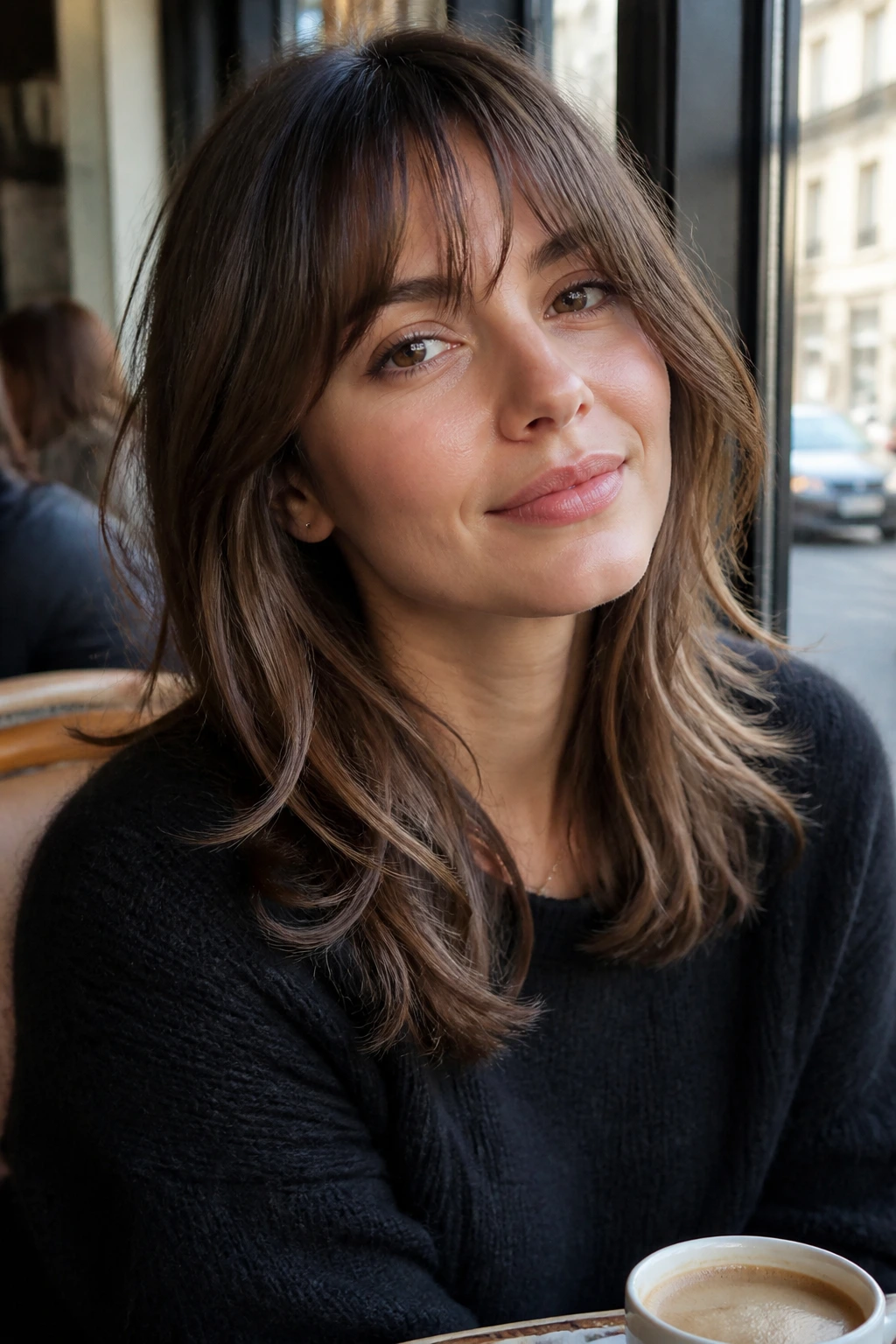 Close-up of a woman with broken-down fringe and face-framing layers at a sunny cafe
