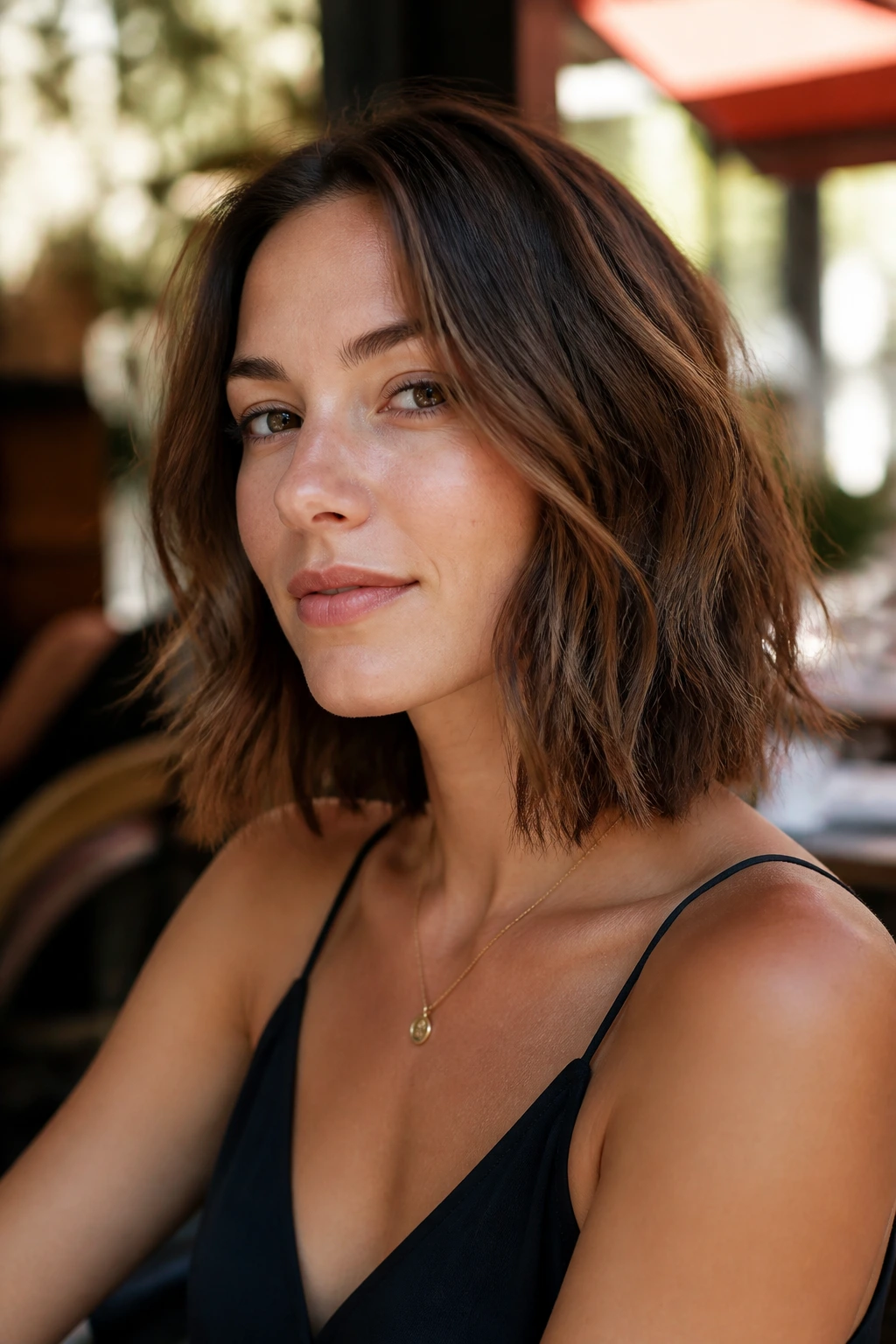 Close-up of a real woman with a broken-ends lob and wavy texture