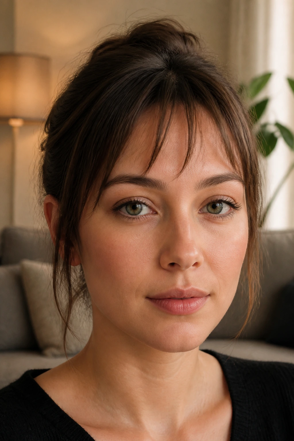 Close-up of real person with a minimalist broken fringe across the forehead