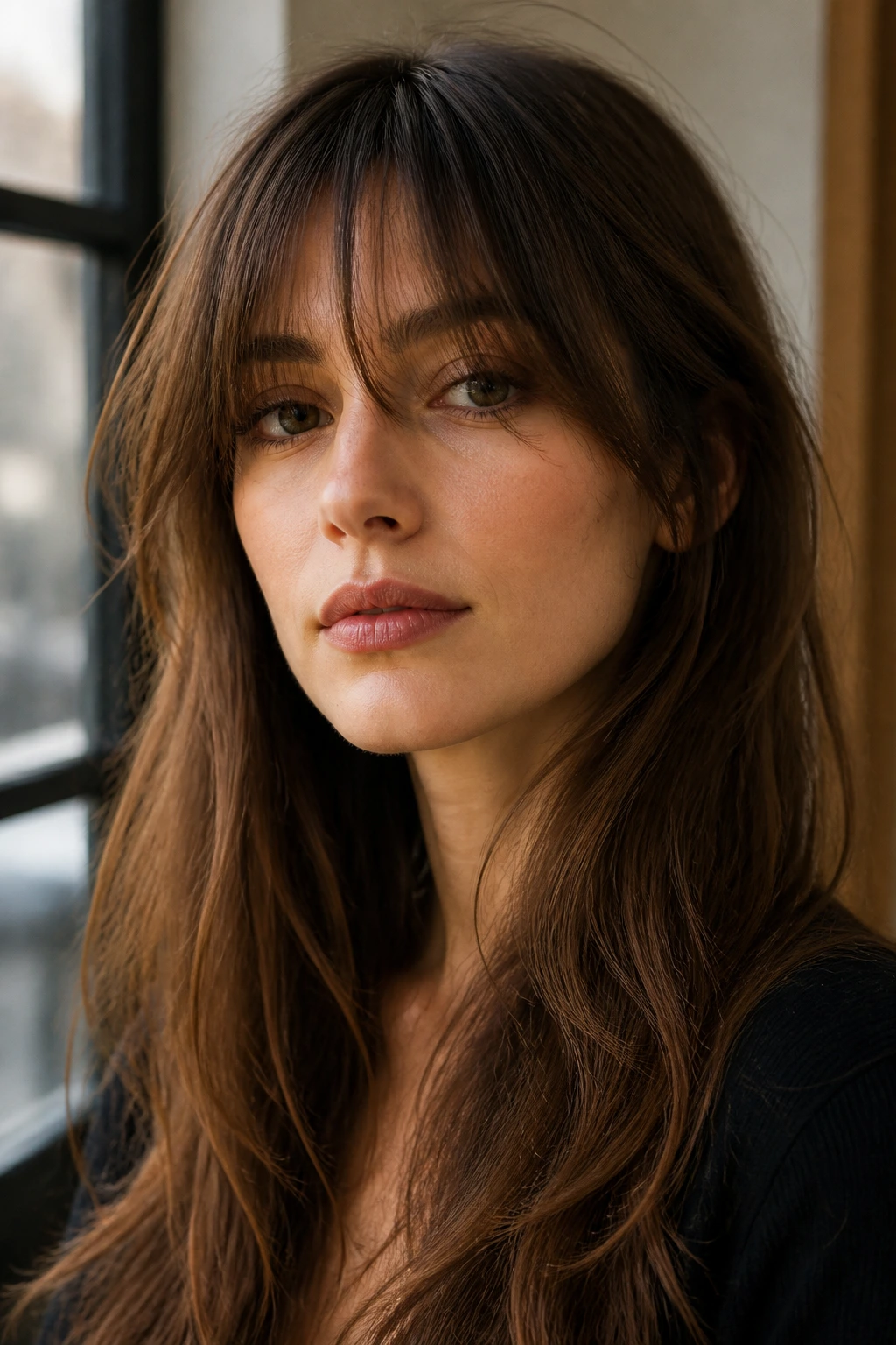 Close-up portrait of a real woman with a soft broken fringe brushing the eyes and long hair