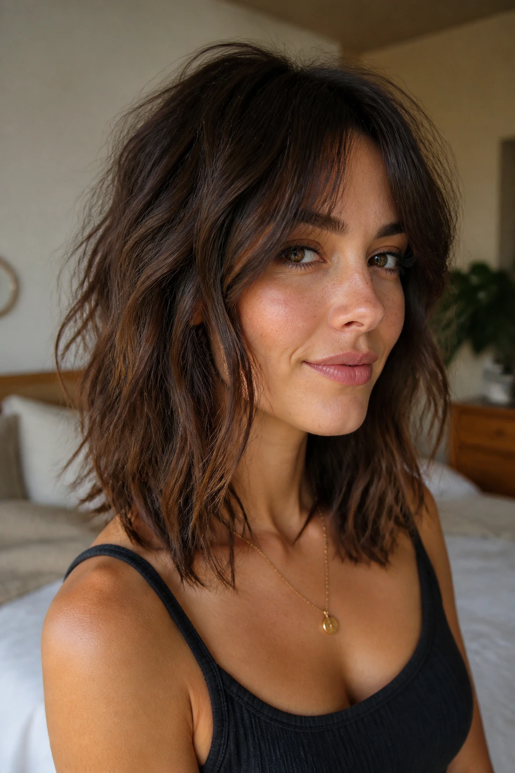 Close-up portrait of a real woman with broken-hem shag showing uneven ends.