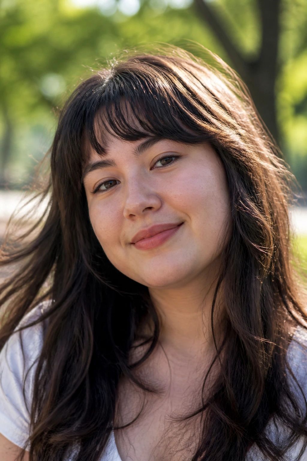 Close-up of real woman with broken-line fringe showing subtle length breaks.