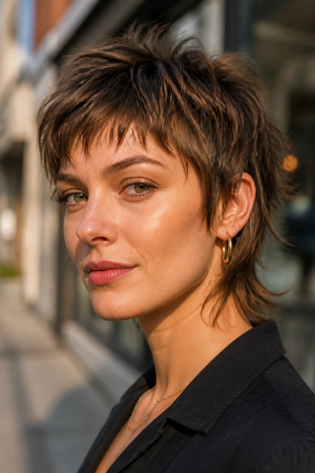 Close-up of a real woman with a broken-line mullet pixie hairstyle