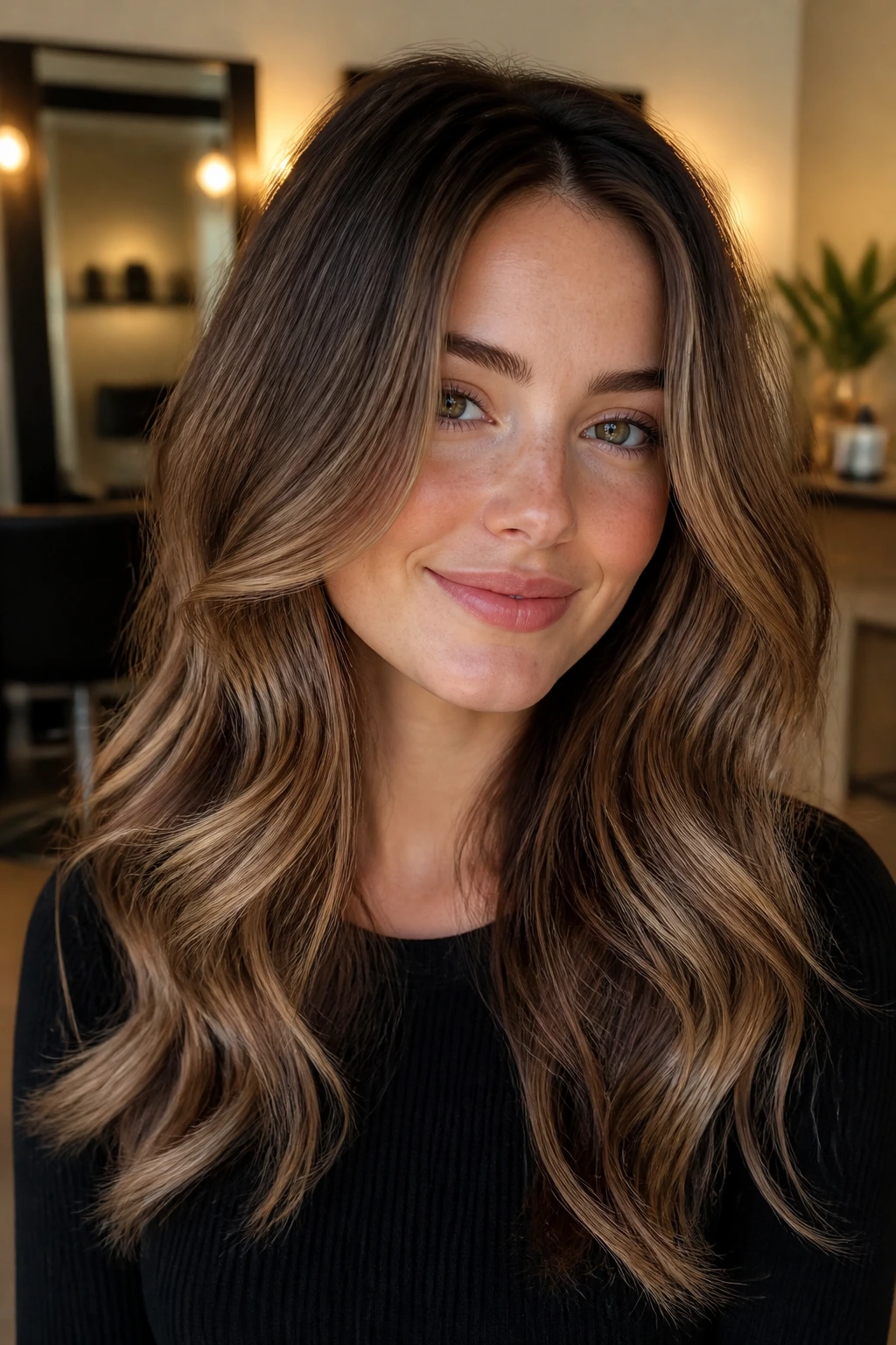 Portrait of a woman with almond-cocoa bronde balayage and smooth grow-out