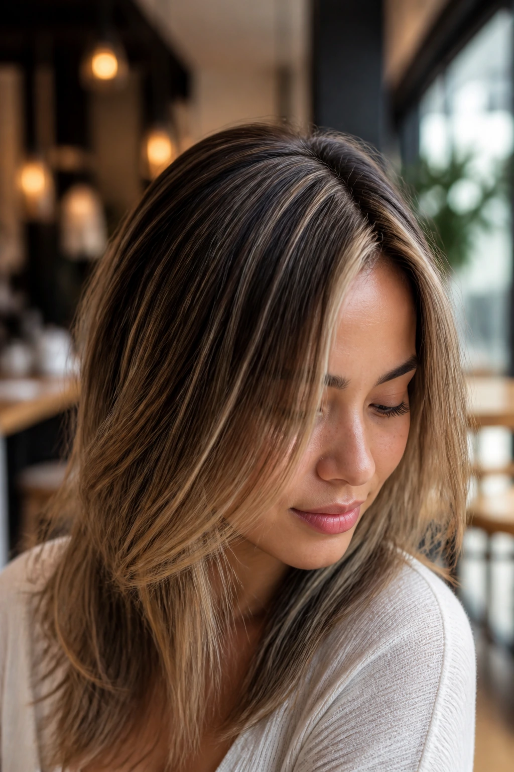 Close-up of bronde babylights around crown maintaining fullness