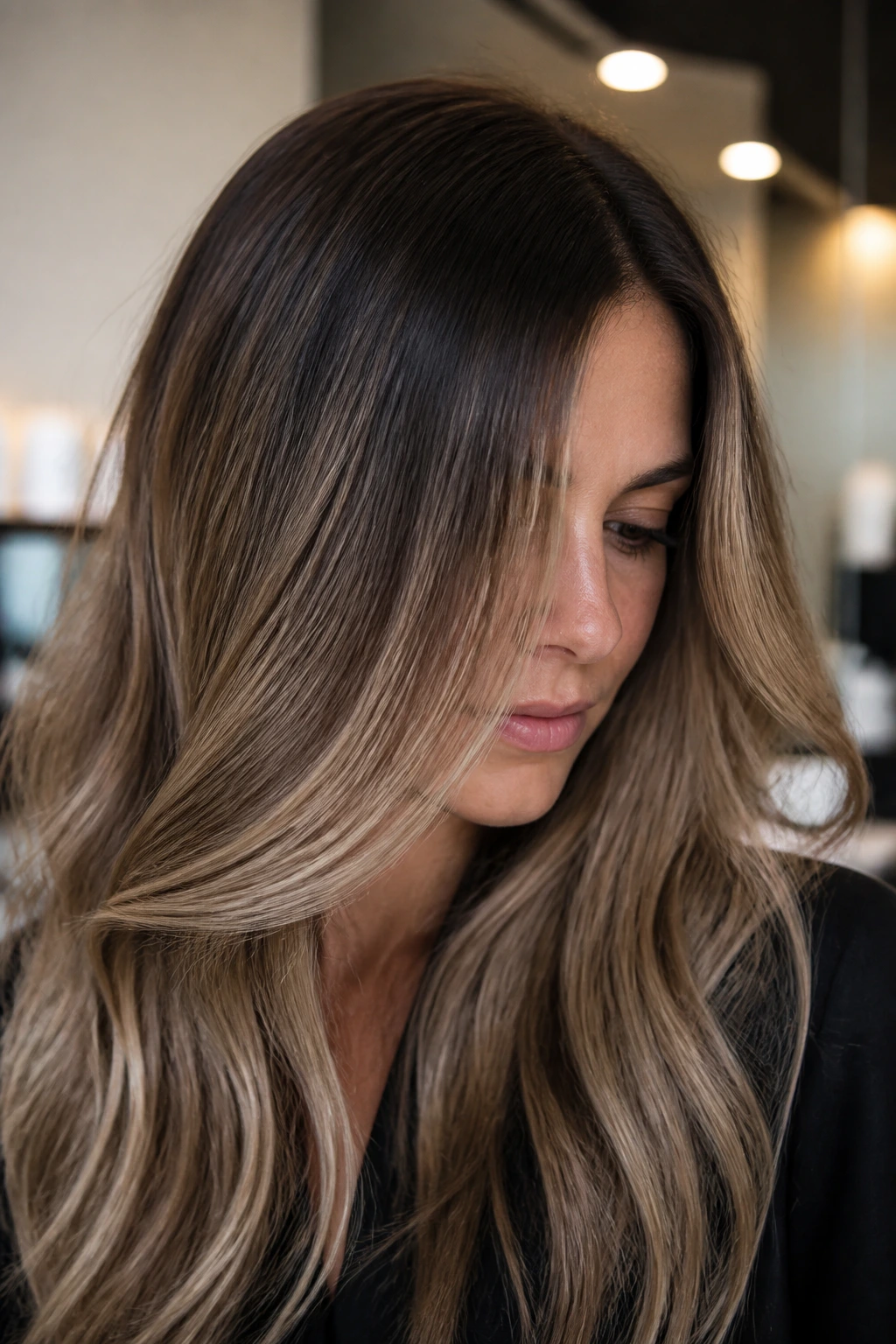 Close-up portrait of a real woman with bronde balayage and ash-beige highlights
