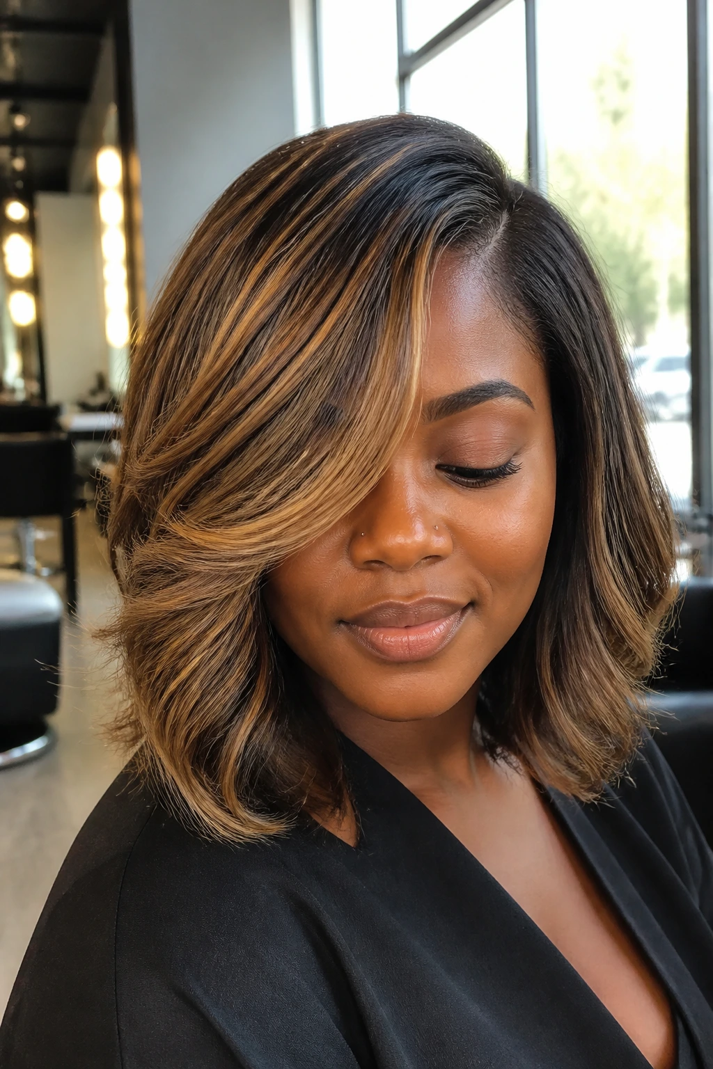 Close-up of a real woman showing shoulder-length bronde balayage with caramel ribbons on deep skin.