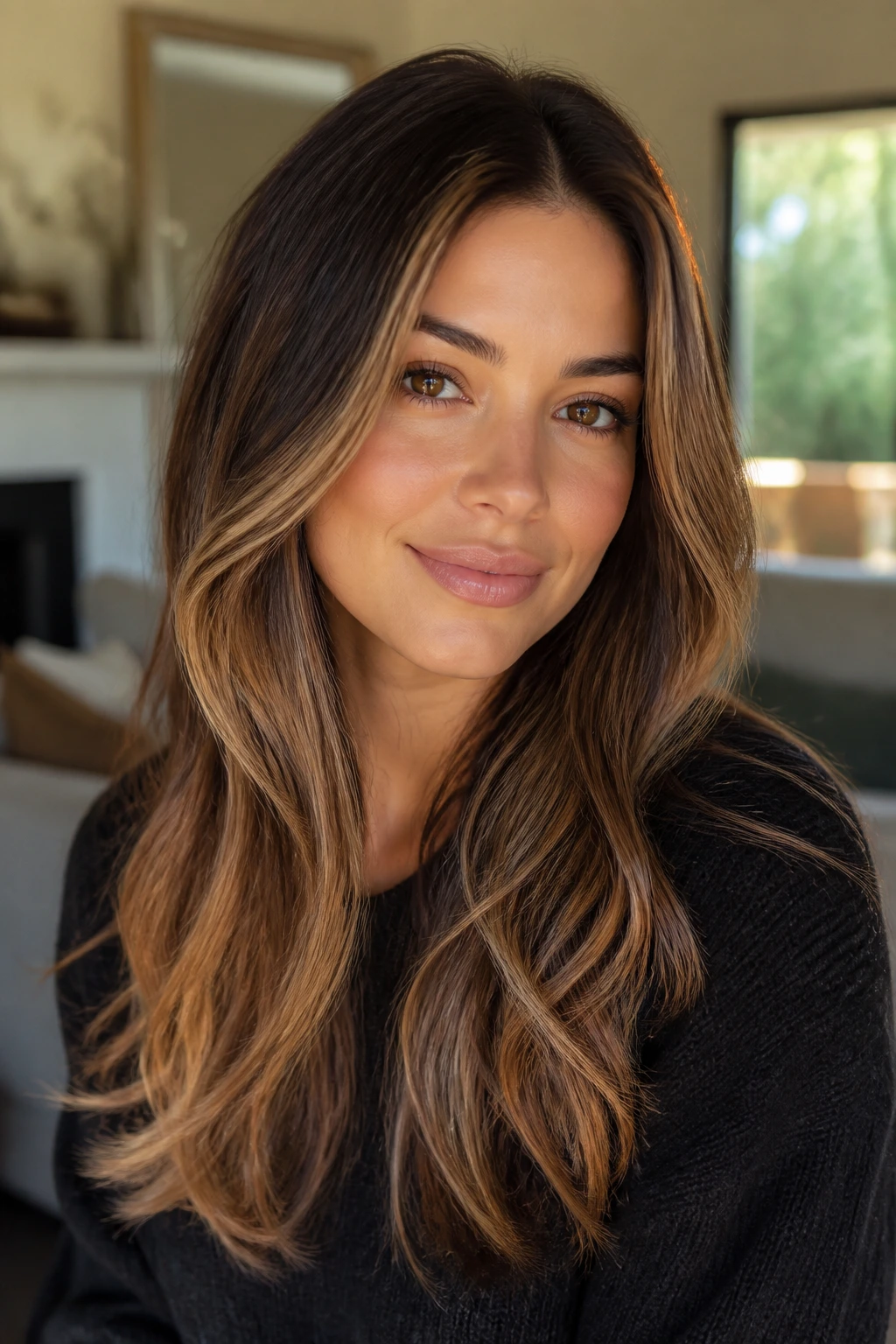 Portrait of a brunette with bronde balayage and face-framing layers under warm window light