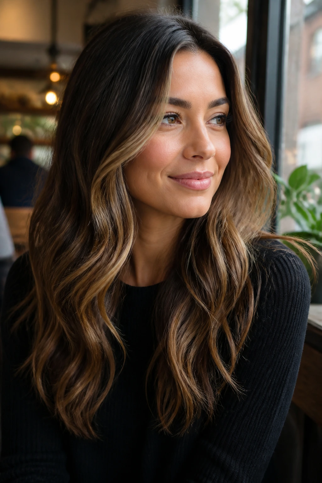 Real brunette with bronde glow balayage and golden highlights
