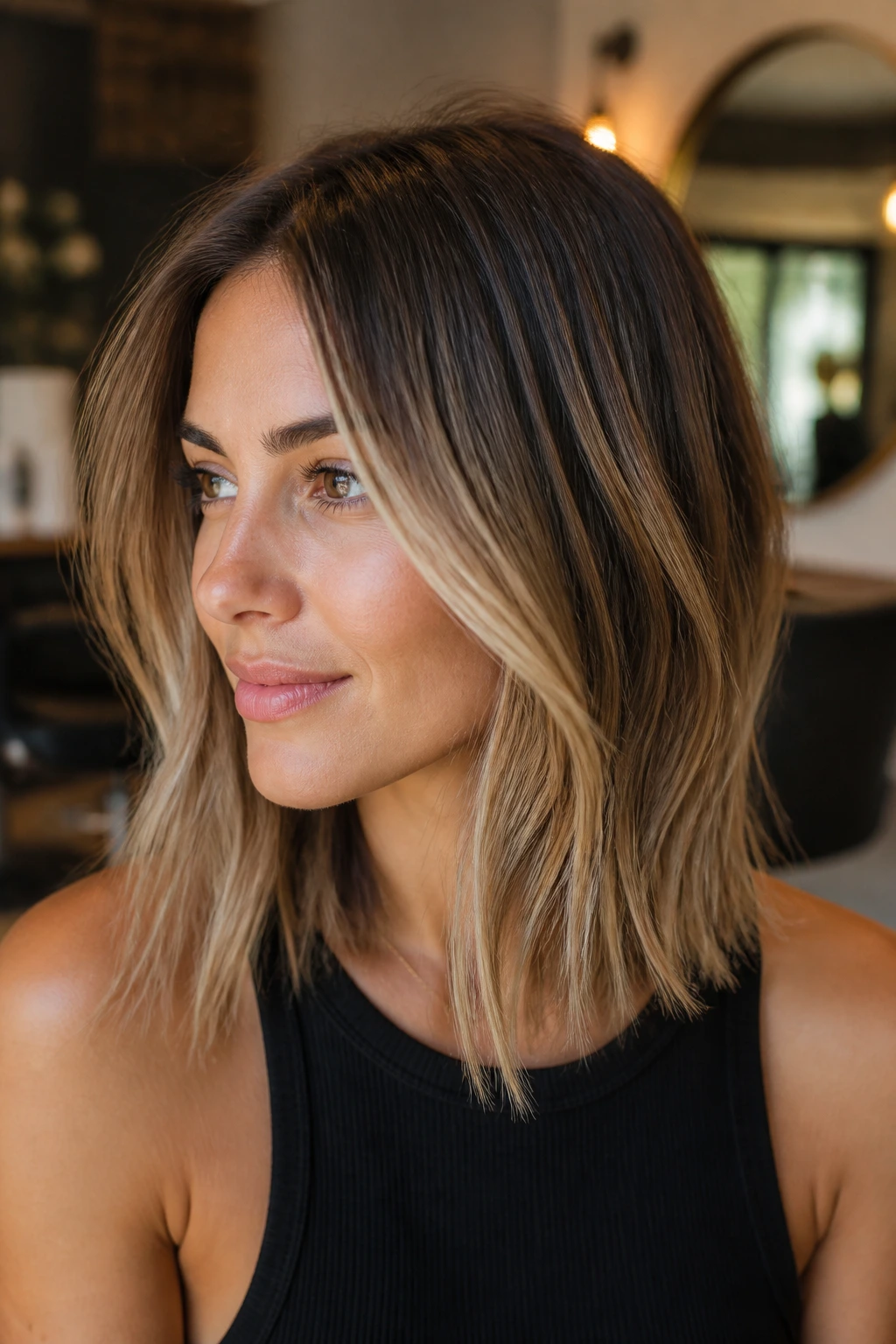 Close-up of a woman with bronde lob and face-contouring balayage in a warm salon.