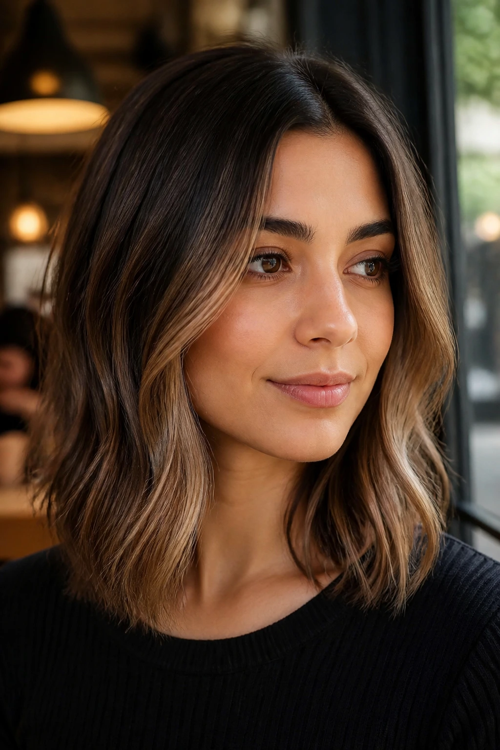 Portrait of a person with bronde balayage lob and beige caramel highlights