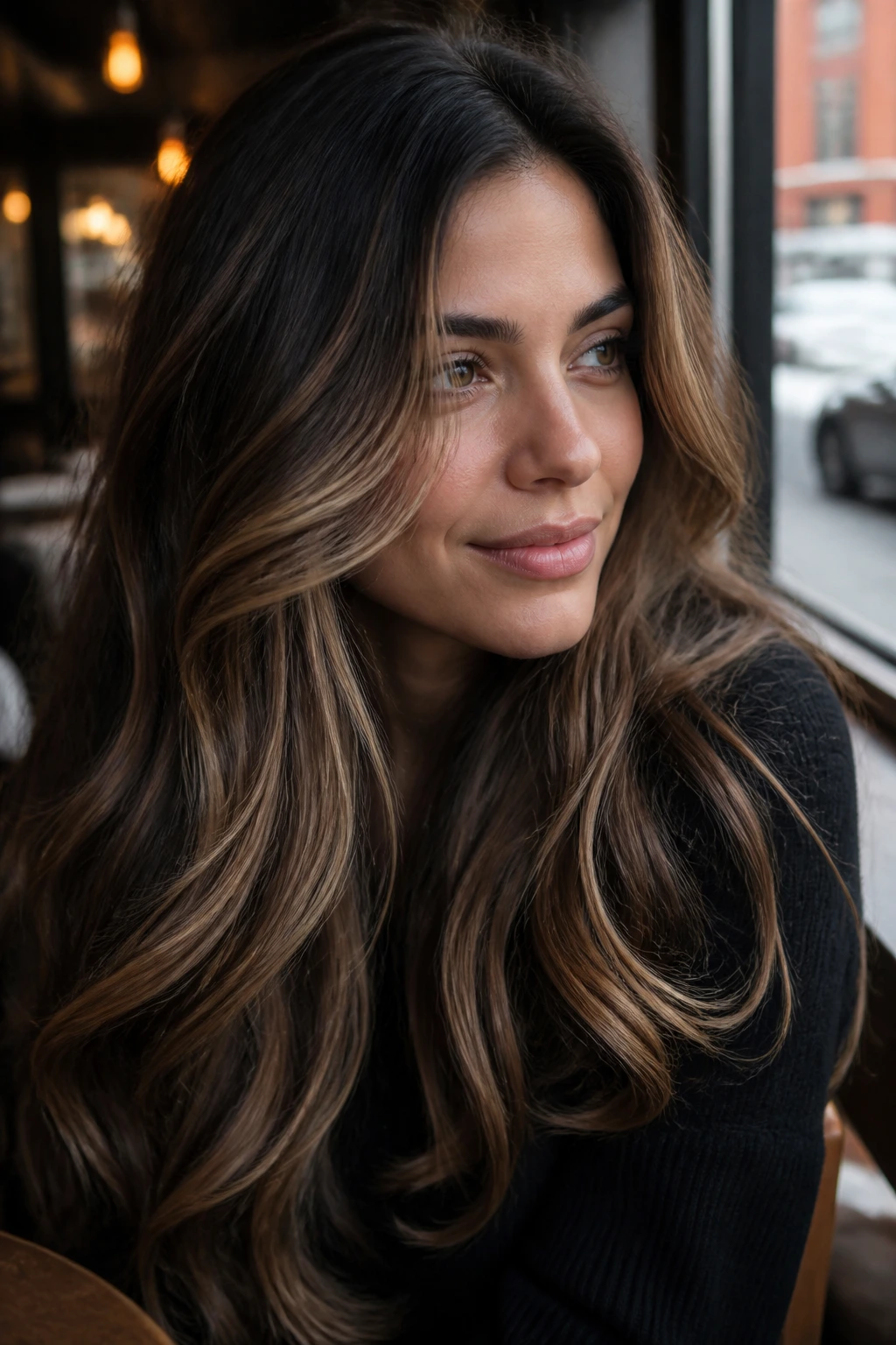 Real woman with soft contrast bronde balayage on thick hair