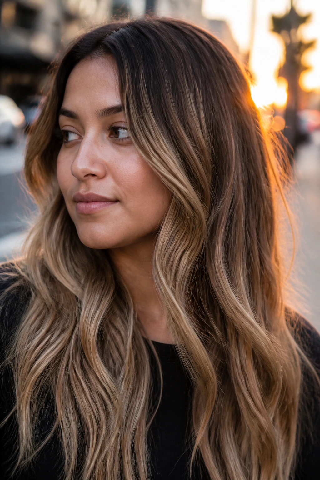 Close-up portrait of a real woman with bronde balayage hair outdoors at sunset.