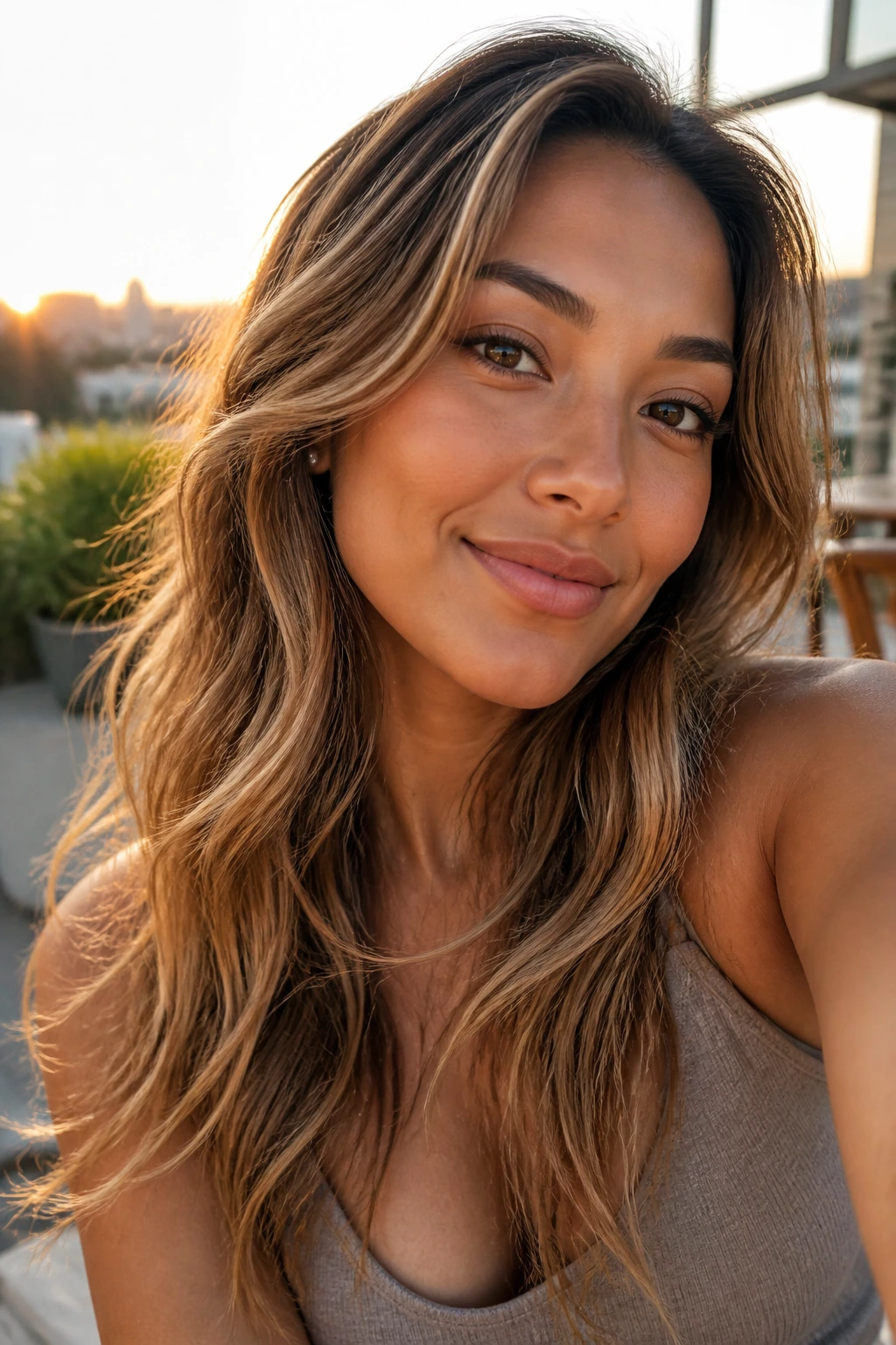 Close-up of tan-skinned person with beige honey bronde hair in golden hour light