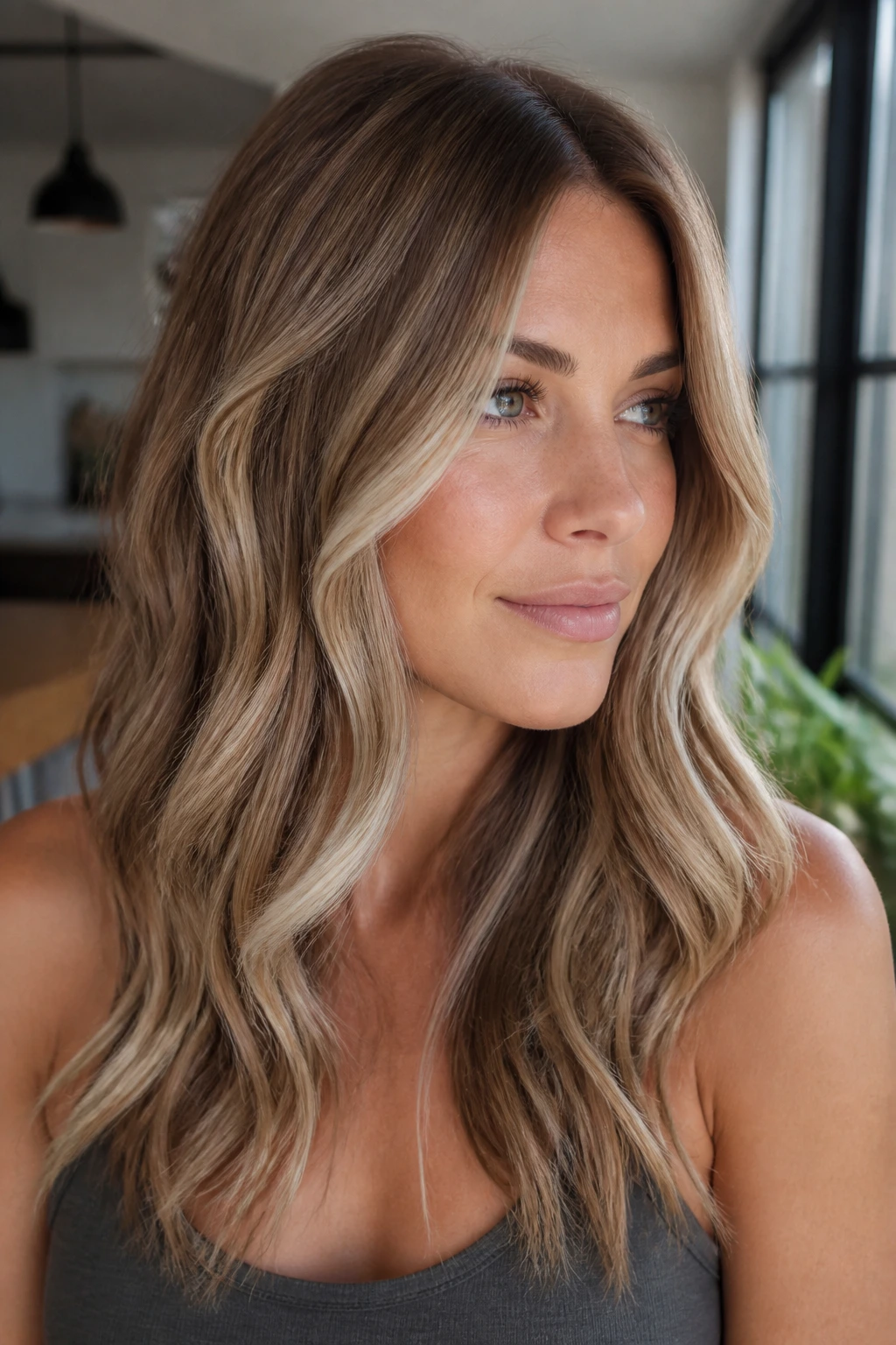 Close-up portrait of a real woman with bronde hair and beige lowlights under natural window light