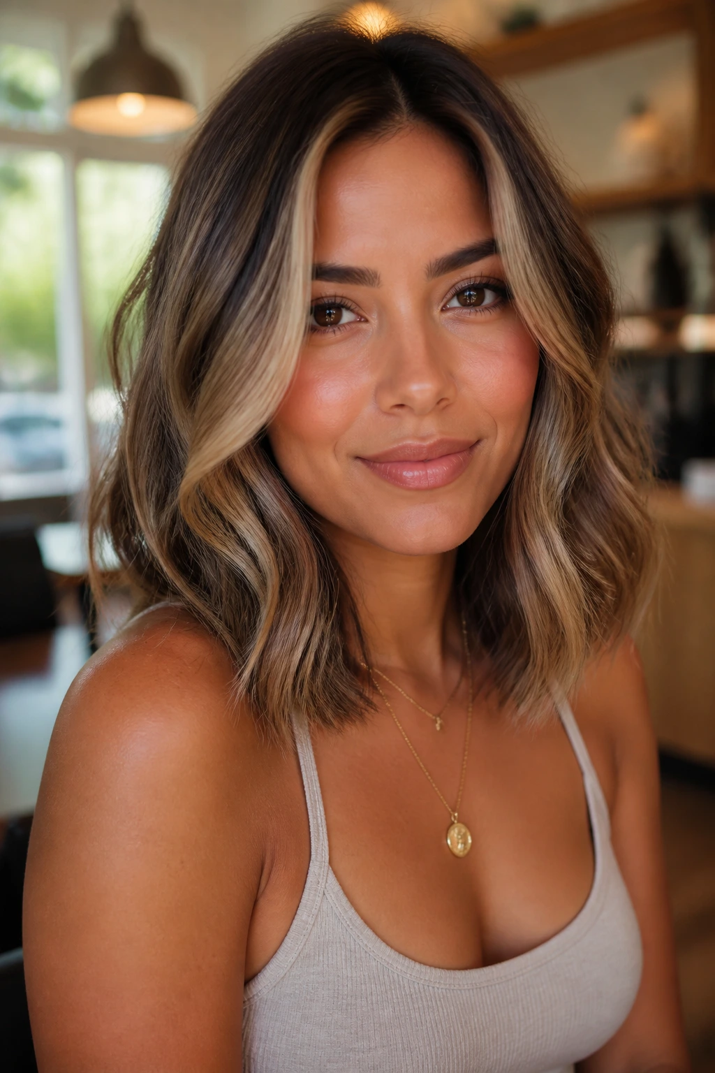 Portrait of a real person showing creamy bronde blend