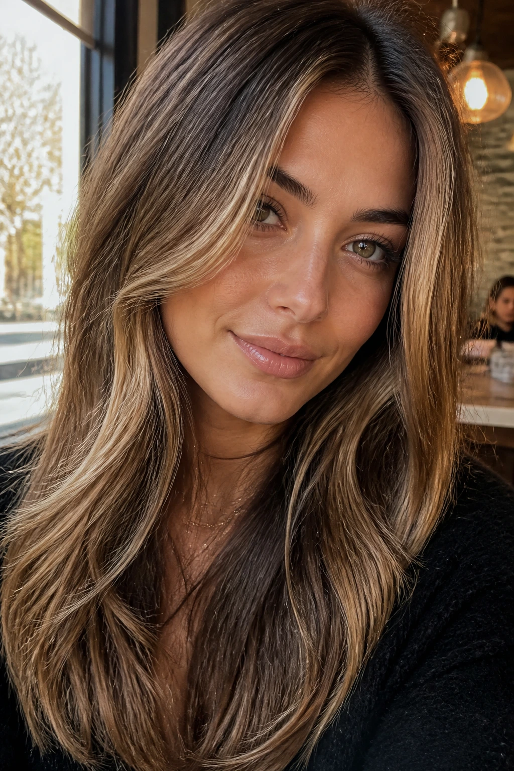 Bronde brunette with a soft honey veil around the face