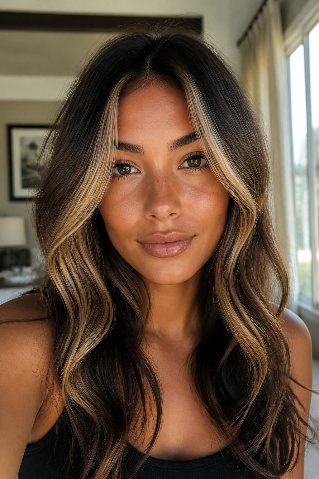Face-framing bronde and blonde placement on tan skin