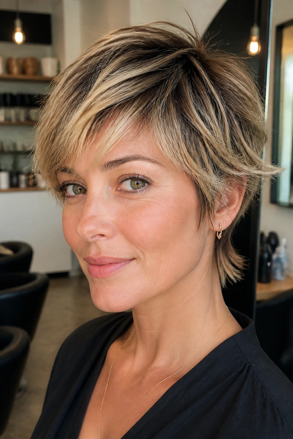 Real woman with bronde-to-blonde shaggy crop hairstyle