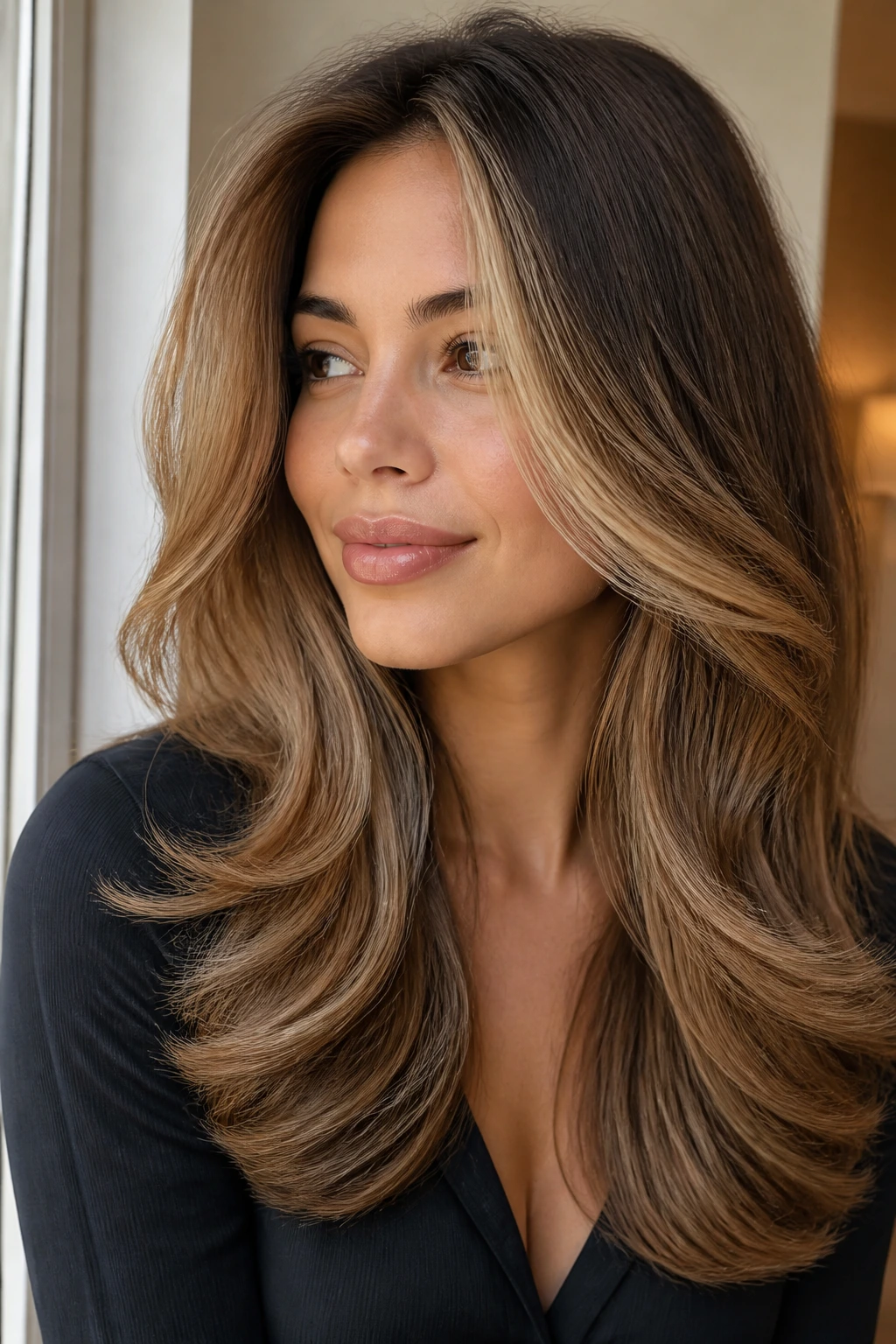 Woman with bronde blowout and soft face framing under warm window light