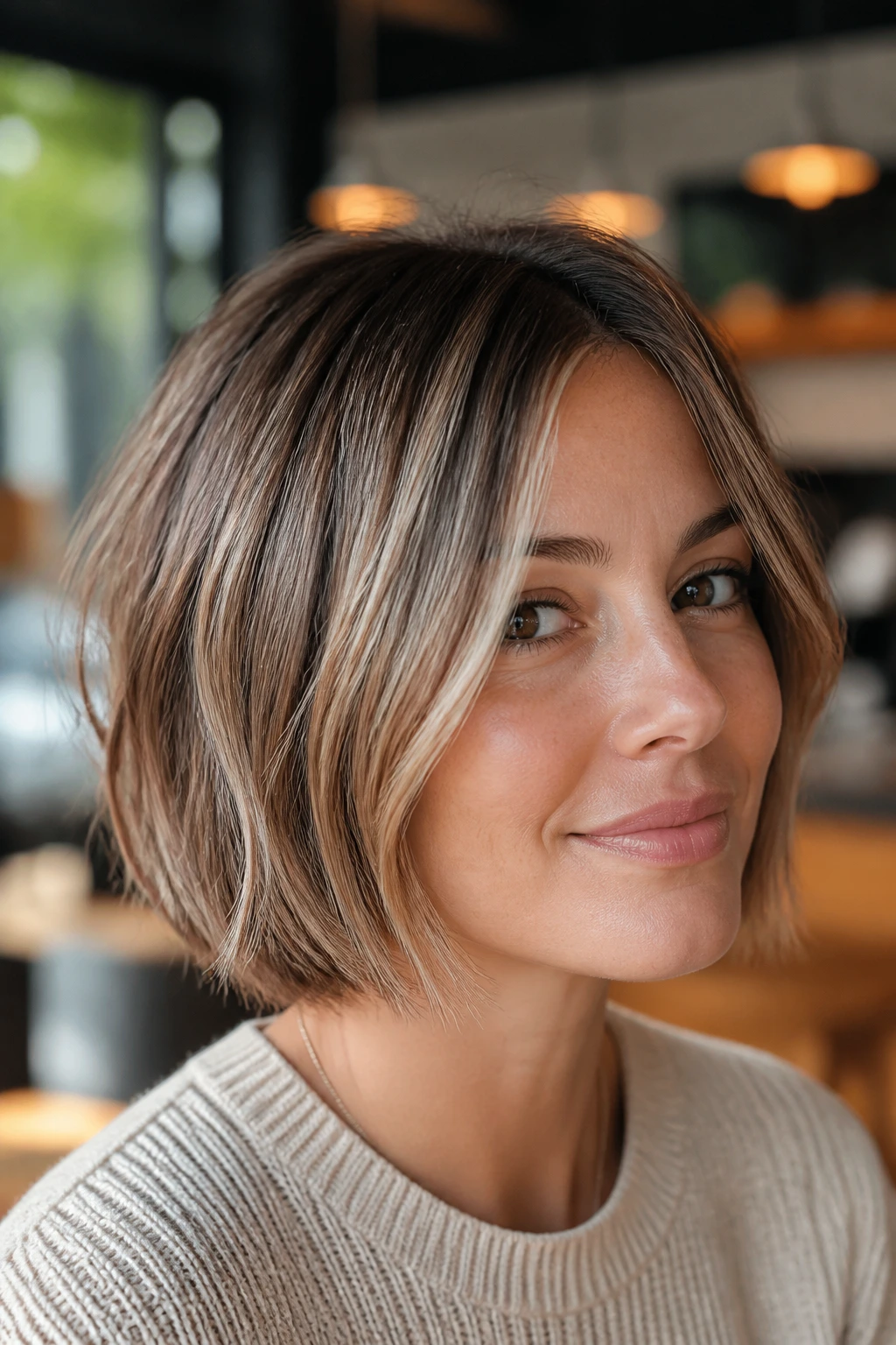 Close-up portrait of a real woman with bronde bob and airy baby lights in natural light