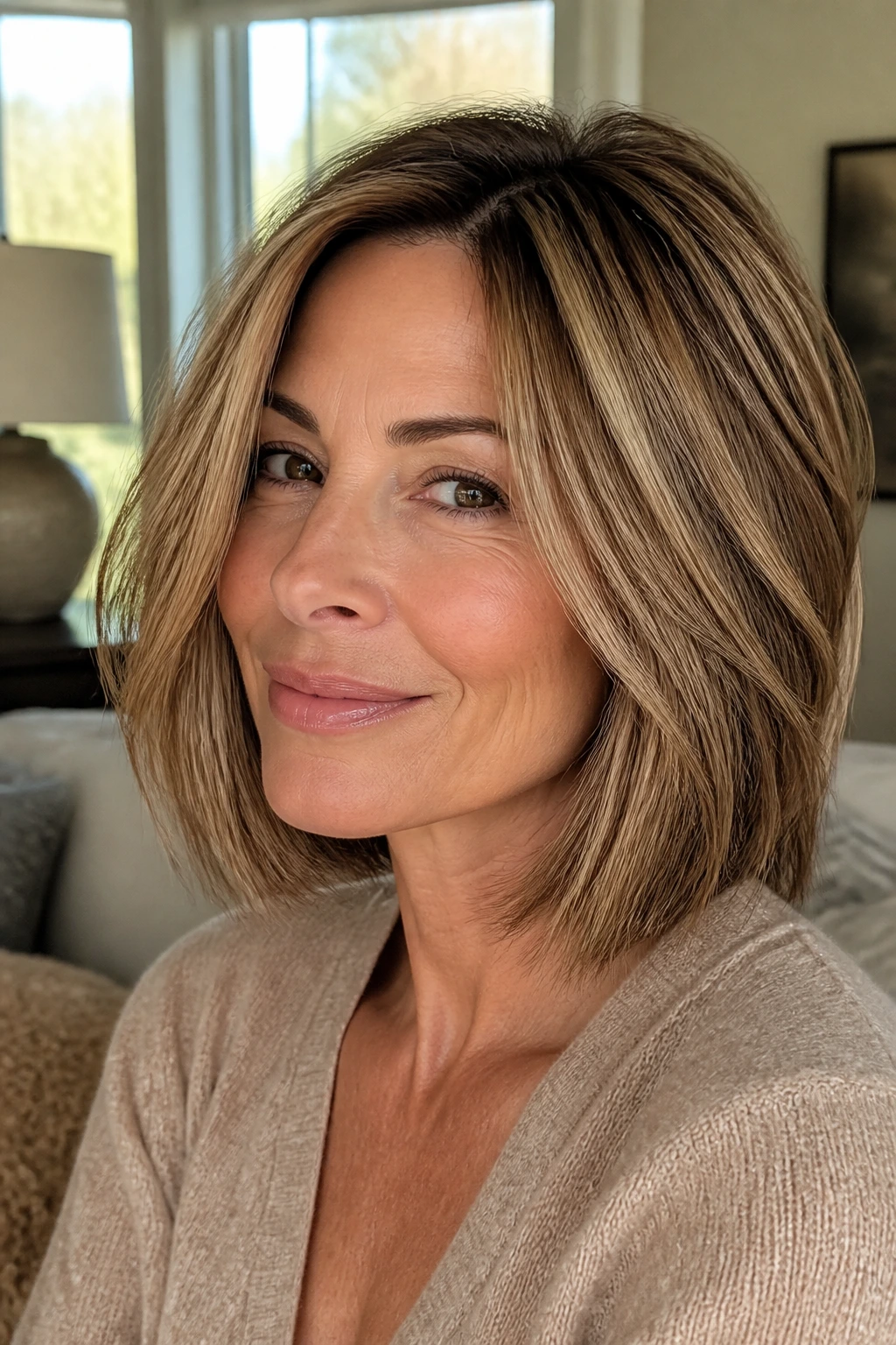 Close-up portrait of a real woman with bronde mid bob and lived-in highlights.