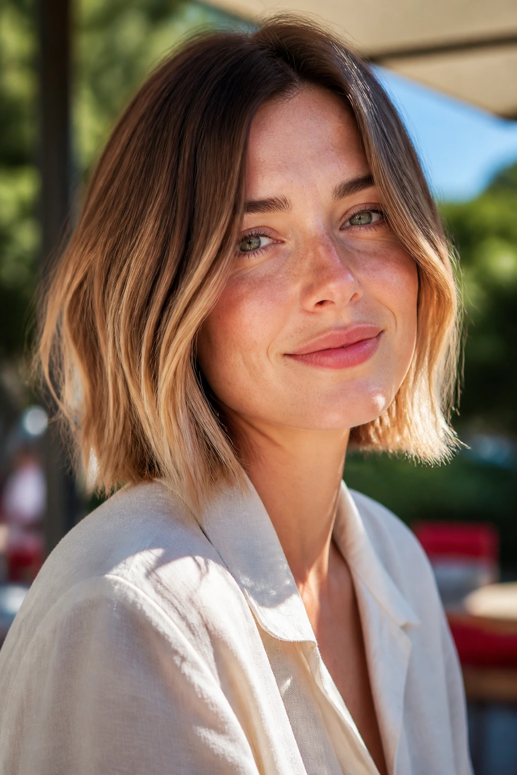 Real woman with bronde bob and sunlit ends.