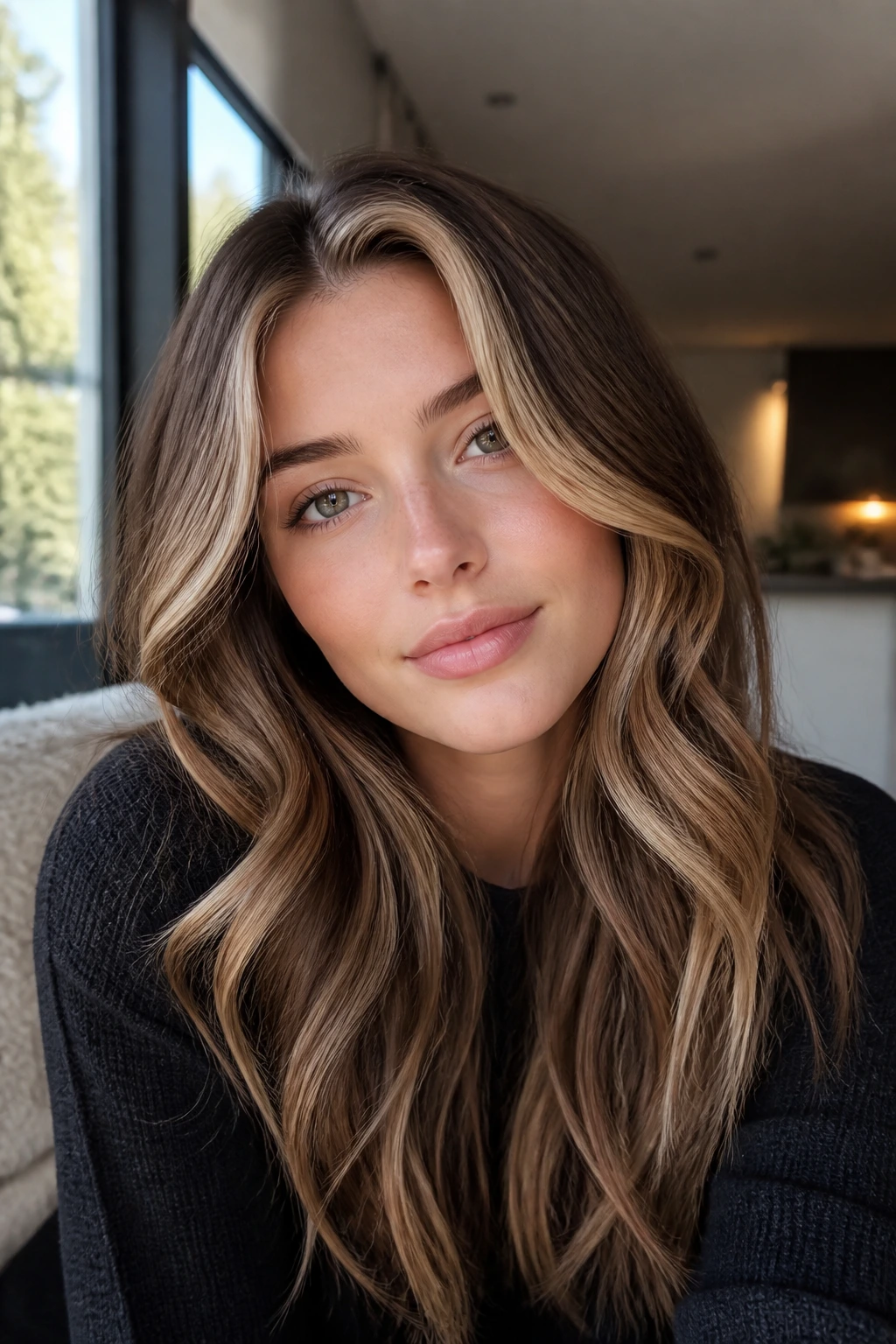 Close-up portrait of bronde and brown front blur framing the face.