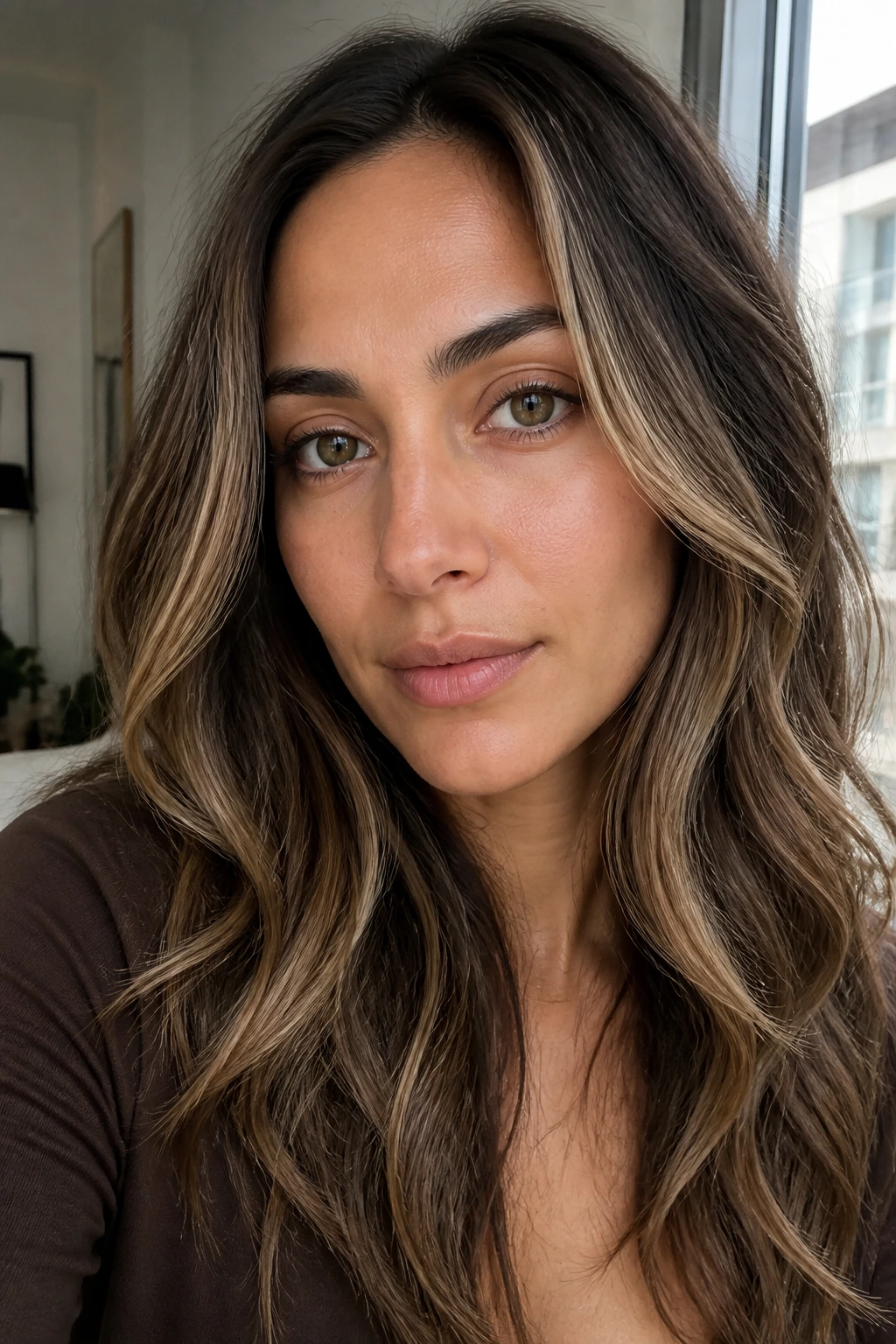 Real woman with bronde hair featuring beige face-framing pieces and olive-friendly contrast