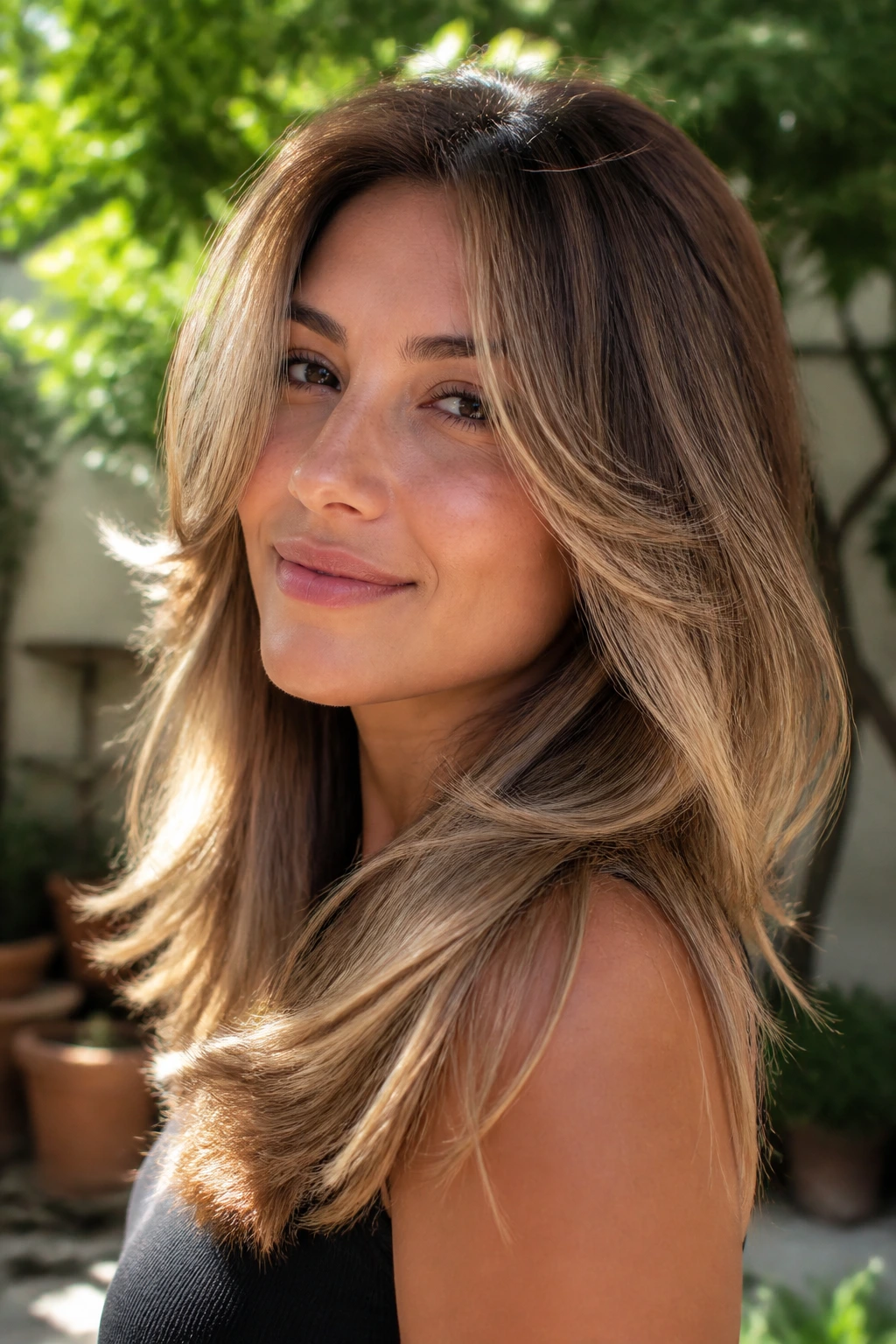 Real woman with bronde butterfly layers in a sunlit outdoor setting