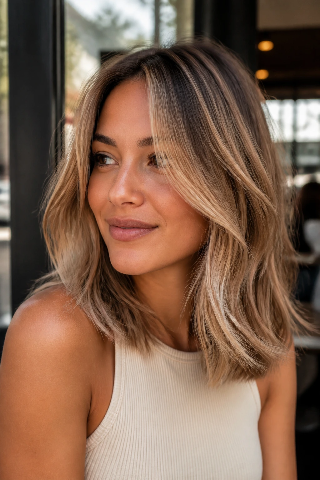Close-up portrait of a real woman with caramel beige bronde hair outdoors in daylight