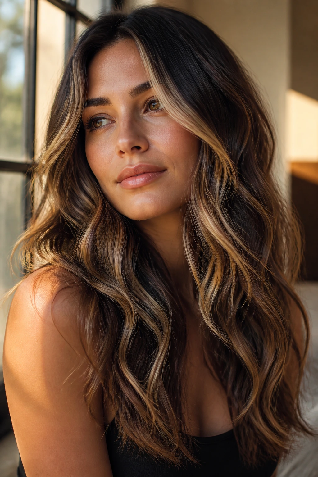 Portrait of dark wavy hair with caramel beige bronde tones