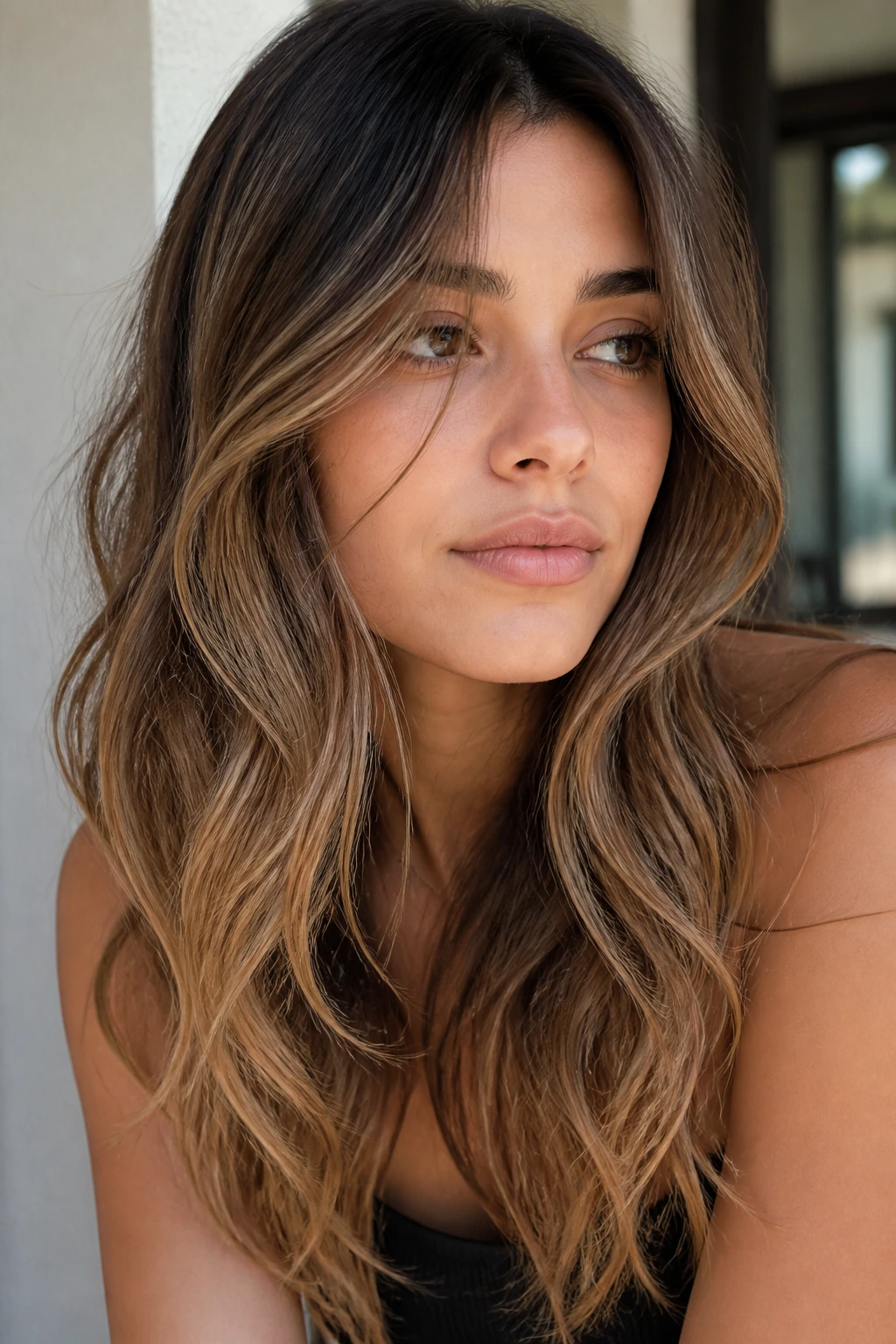 Close-up of a real woman with bronde-leaning caramel brown and beige-gold mids
