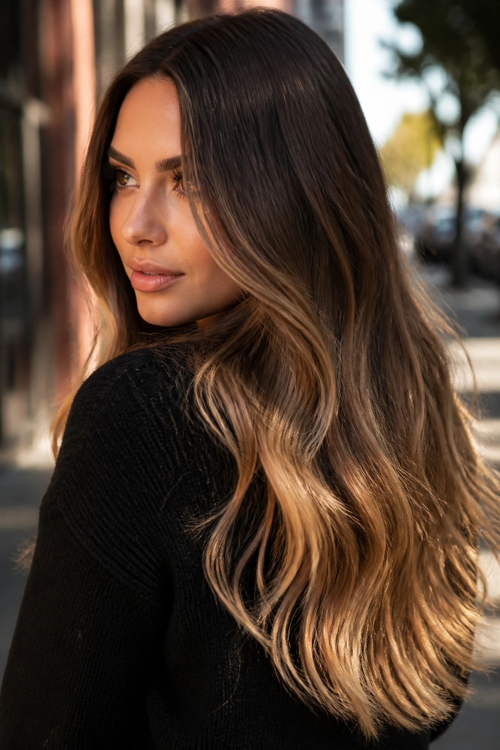 Portrait of a real woman with bronde to caramel gradient on long hair