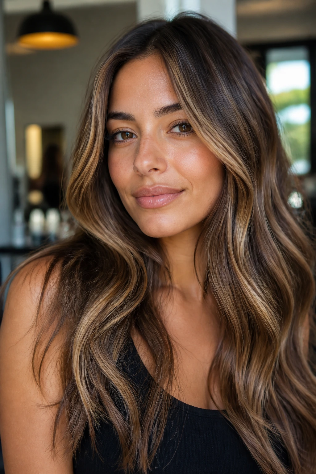 Close-up of glossed bronde hair with caramel ribbons on olive skin.