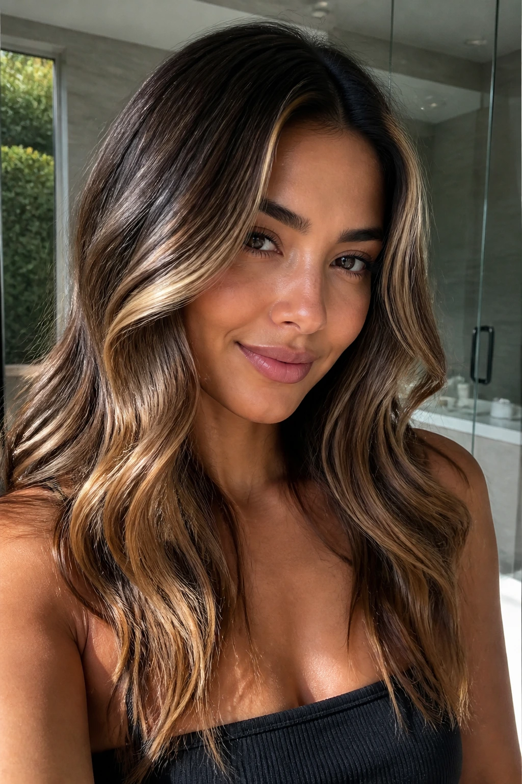 Real woman with glossy bronde and caramel veining hair