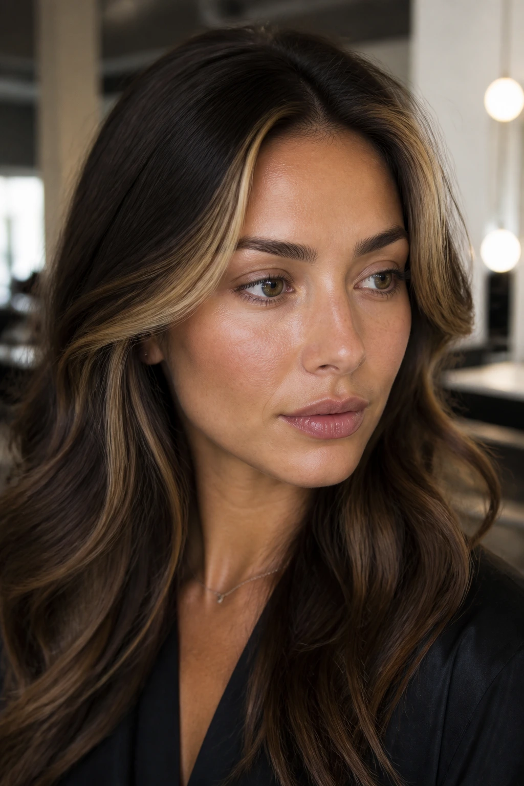 Bronde contour highlights framing the hairline on brunette hair