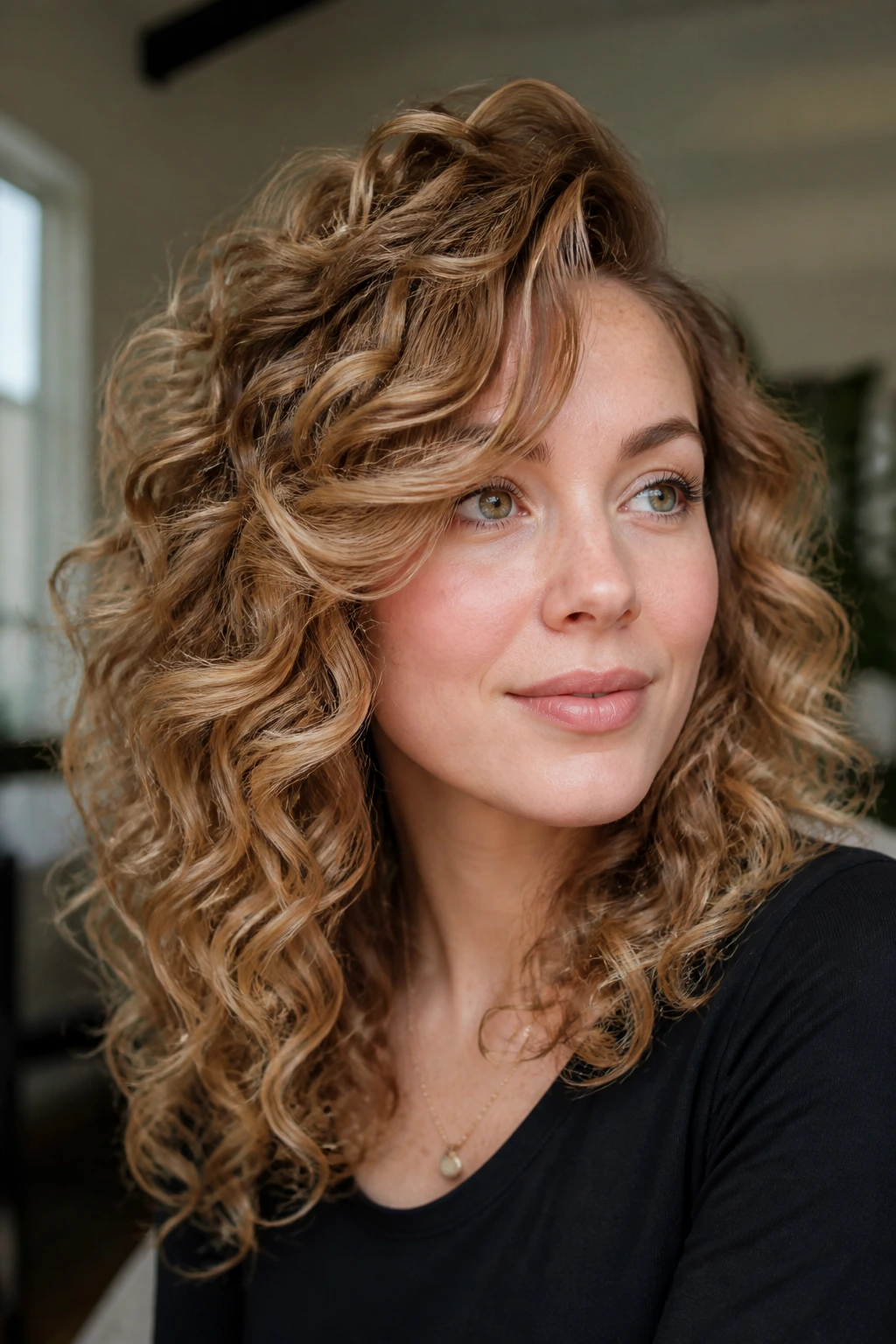 Portrait of a woman with dimensional bronde and curly side-swept hair