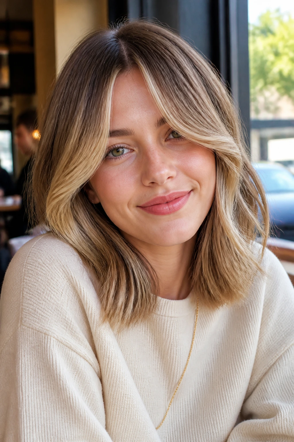 Close-up of bronde curtain bangs on shoulder-length hair