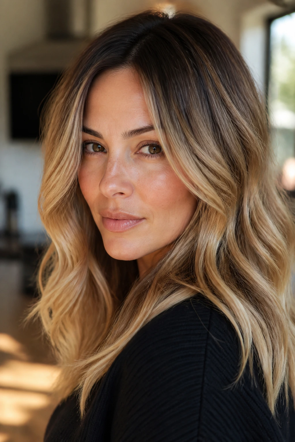 Close-up of a real person with bronde hair and dark roots bright ends