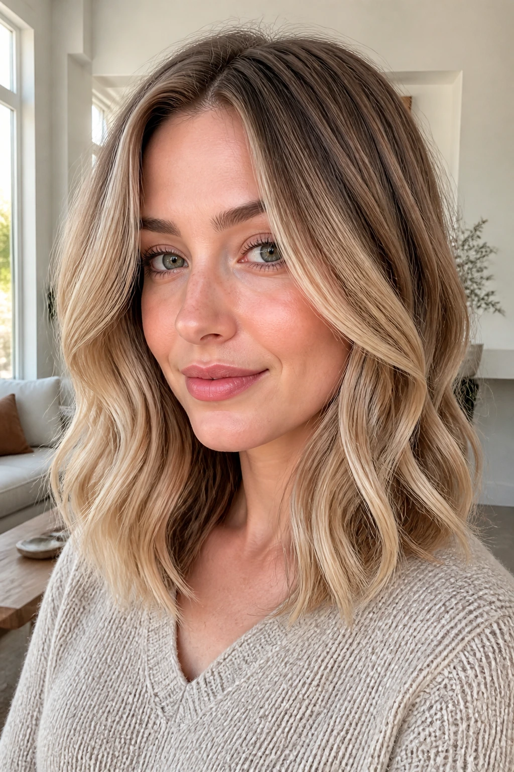 Close-up portrait of a real woman with bronde hair and bright ends