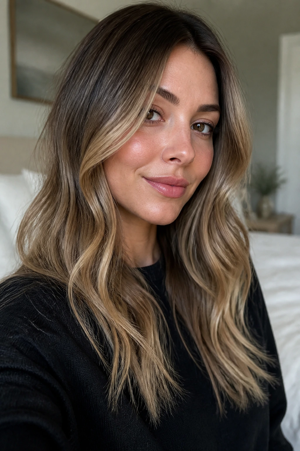 Close-up of a real woman with cool bronde face-frame and lived-in beige ends.