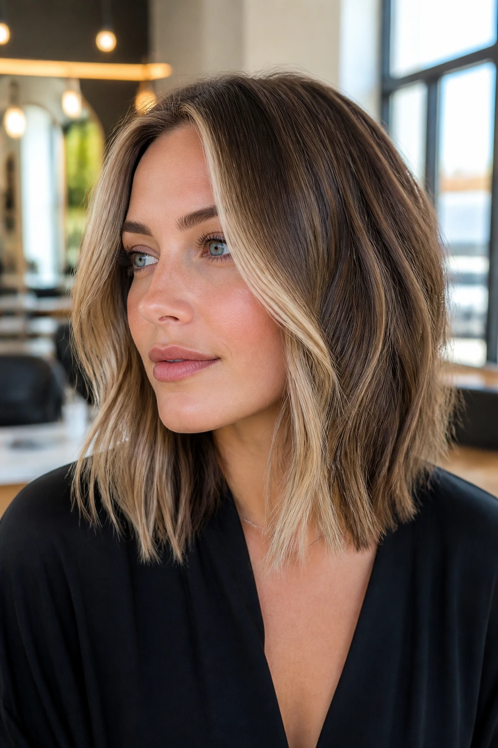Portrait of a person with bronde face-frame lob color.