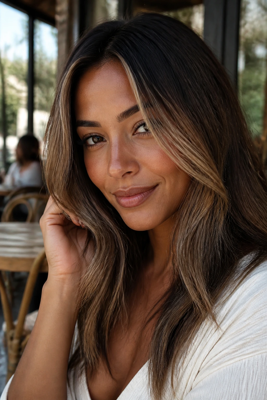 Close-up of bronde face-frame strands framing a real person's face.