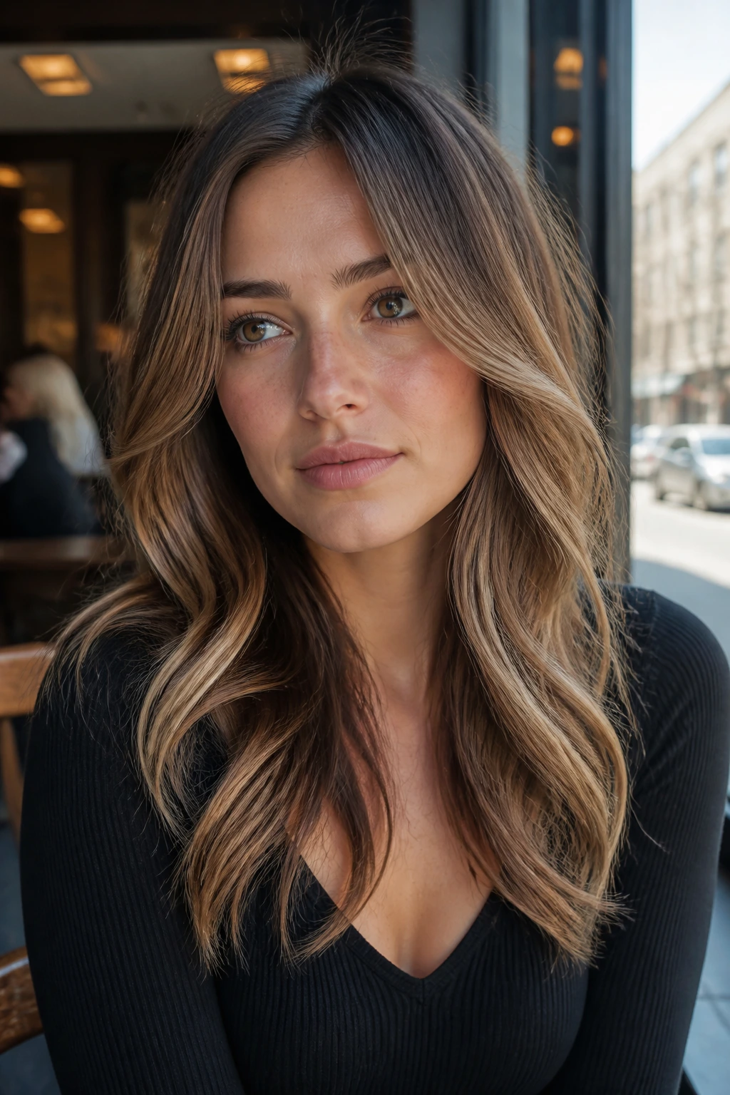 Close-up of bronde face-framing pieces highlighting cheekbones on a real person
