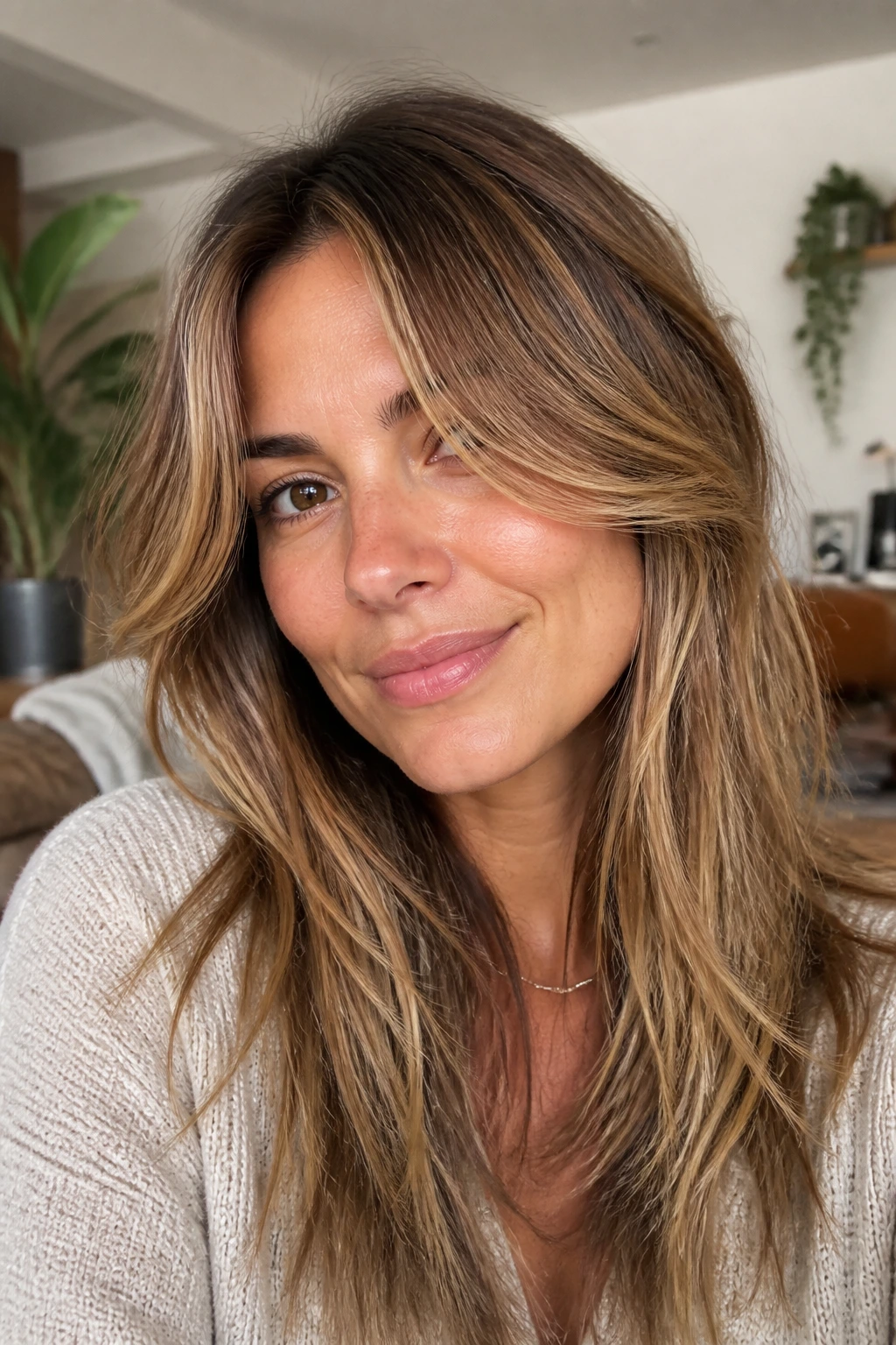Real woman with bronde face-framing layers in natural light