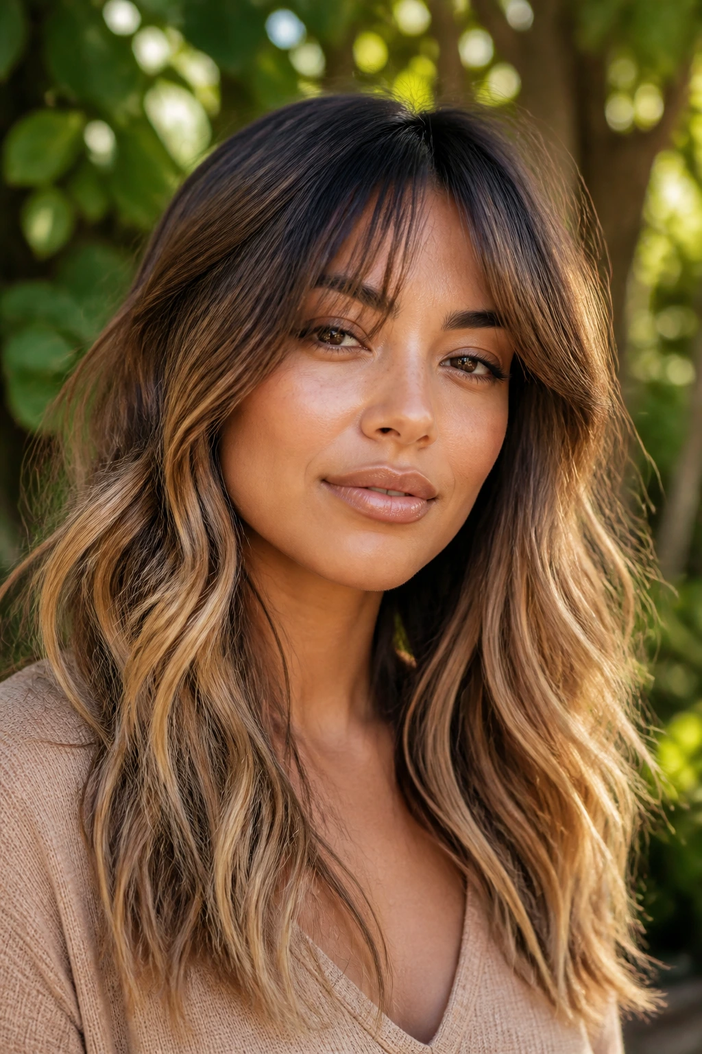 Close-up bronde fade hair with airy bangs and soft light.
