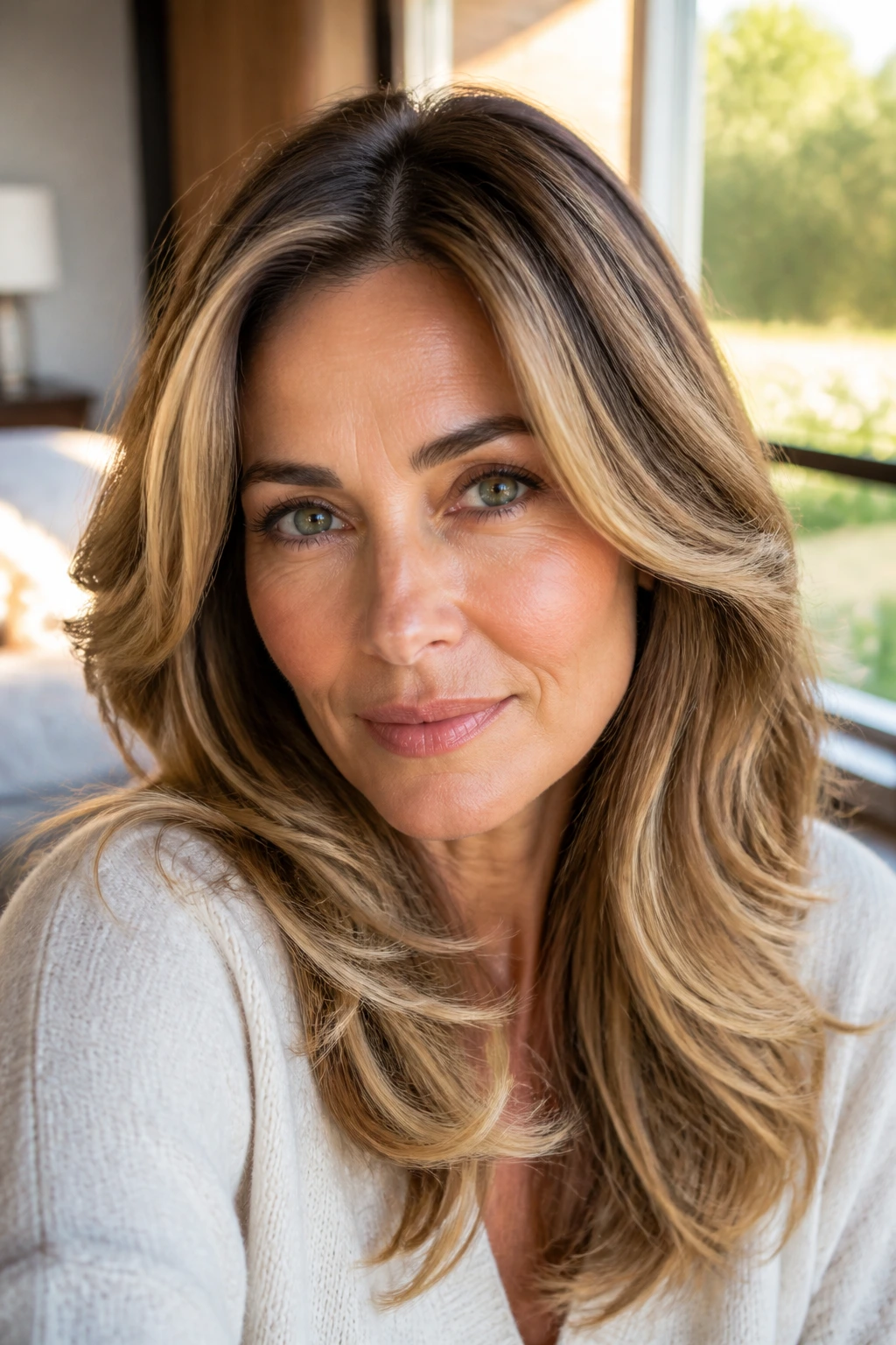 Close-up portrait of a real woman with bronde feathering hair in a sunlit bedroom.