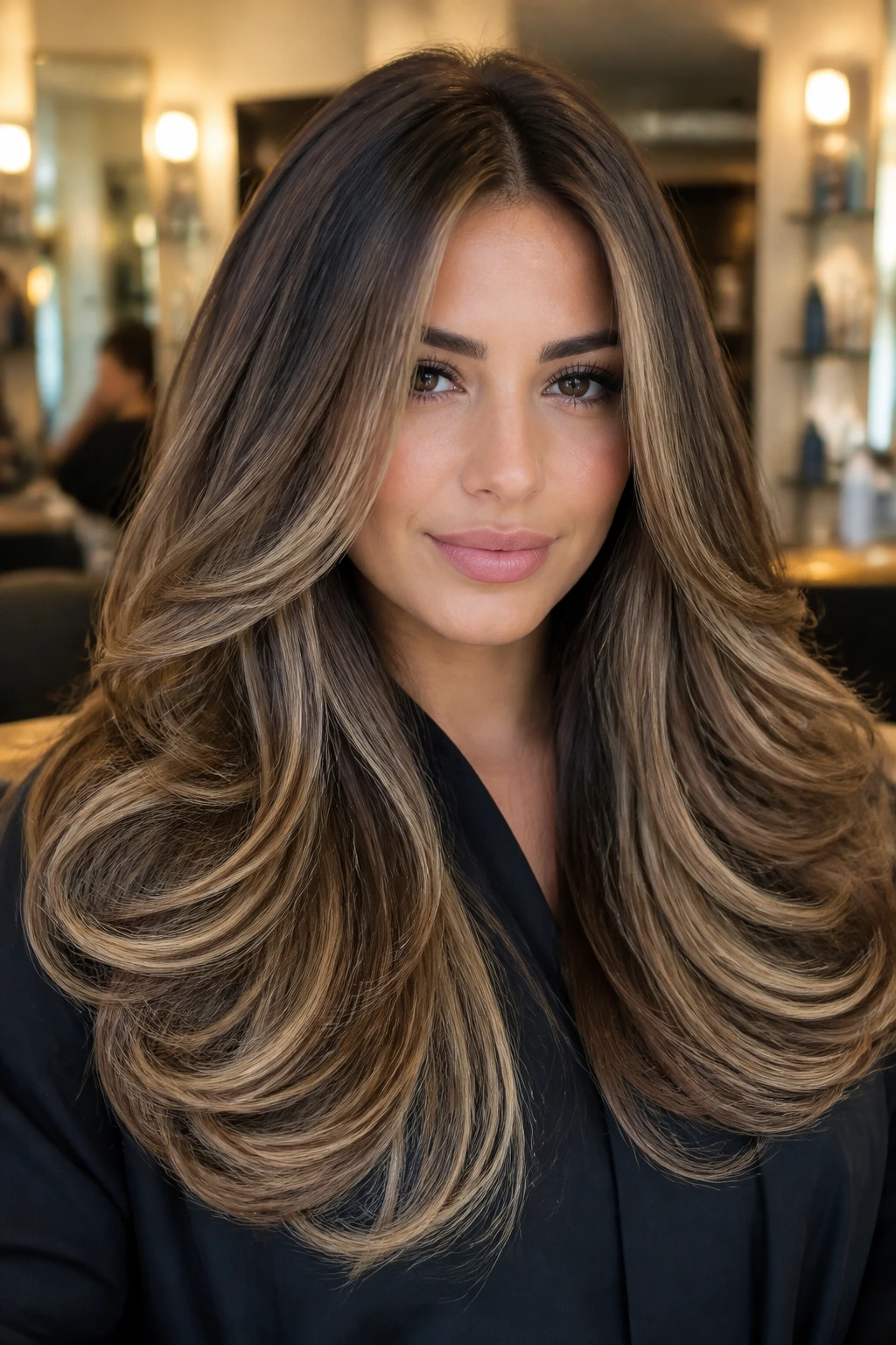 Close-up of bronde foilayage on a thick blowout with sun-kissed ribbons