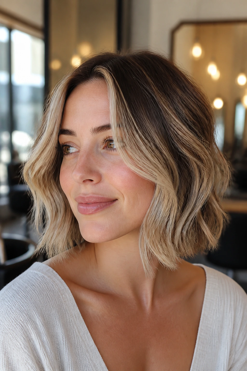 Real woman with bronde shift and bright front frame in bob hairstyle